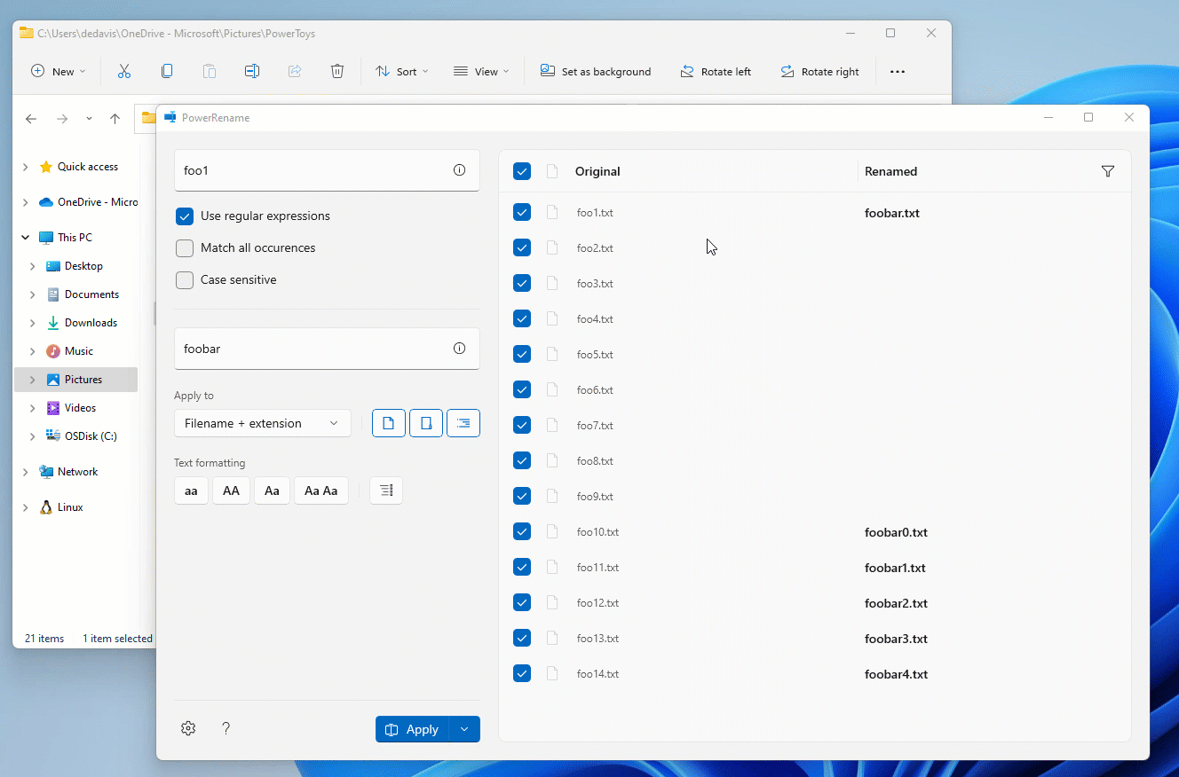 PowerToys PowerRename Filter-Demo