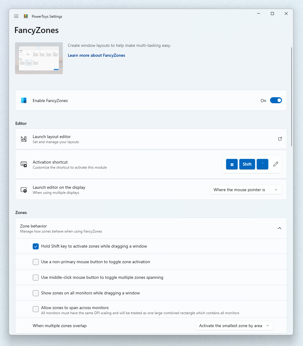 FancyZones Einstellungen UI