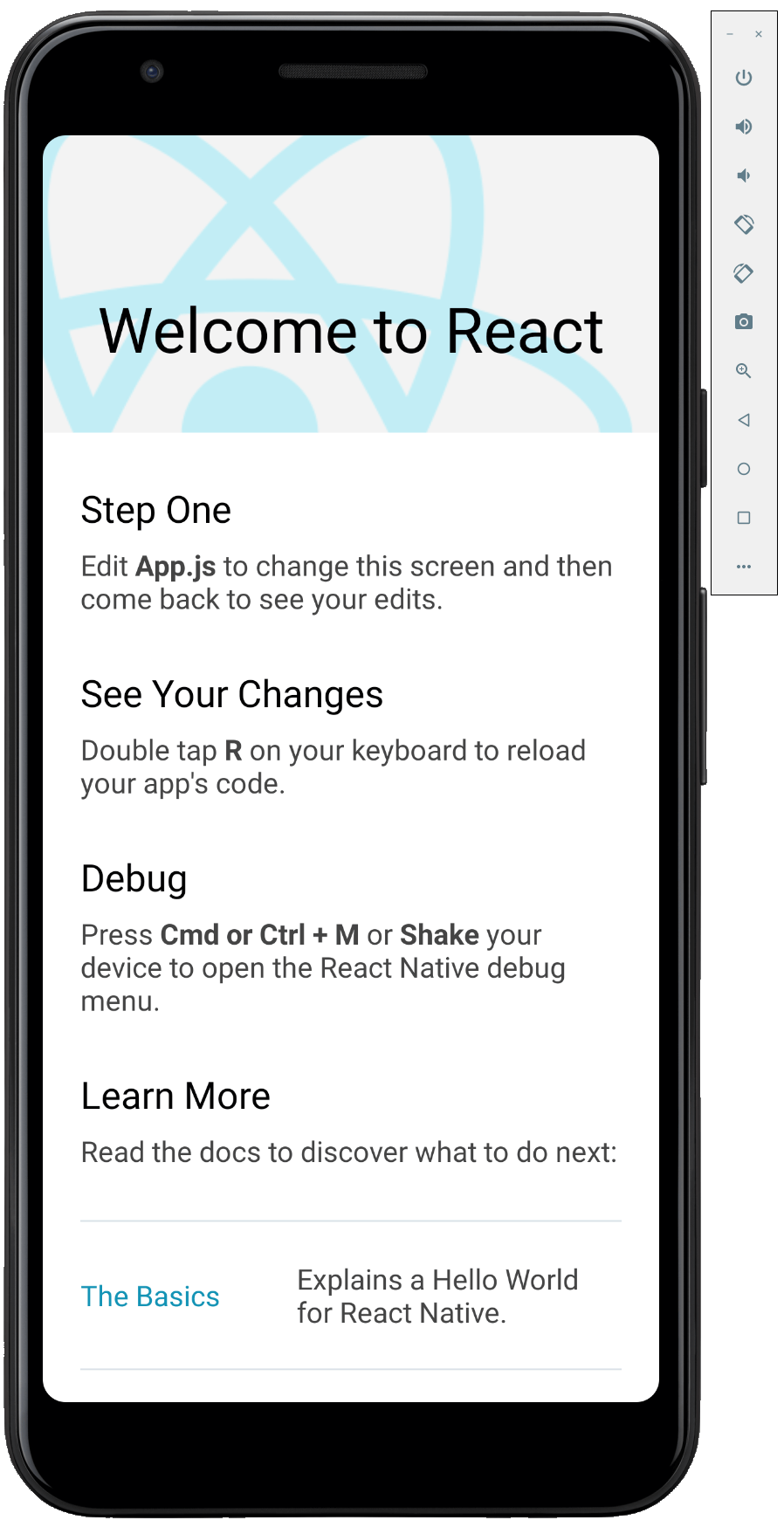 Screenshot: Standard React Native-App, die in einem Android-Emulator ausgeführt wird