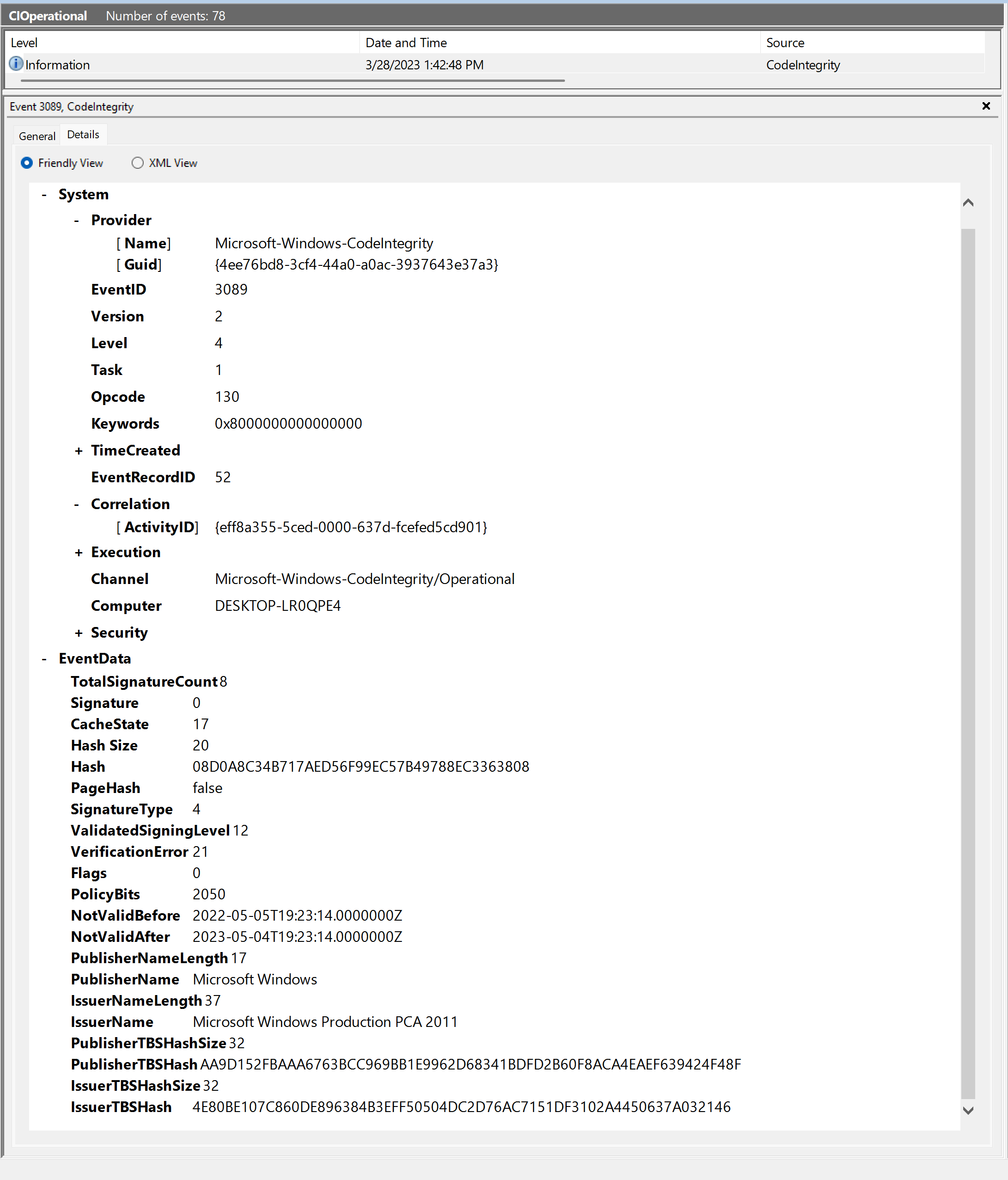 Beispielereignis für 3089-Signaturinformationen für PowerShell.exe.