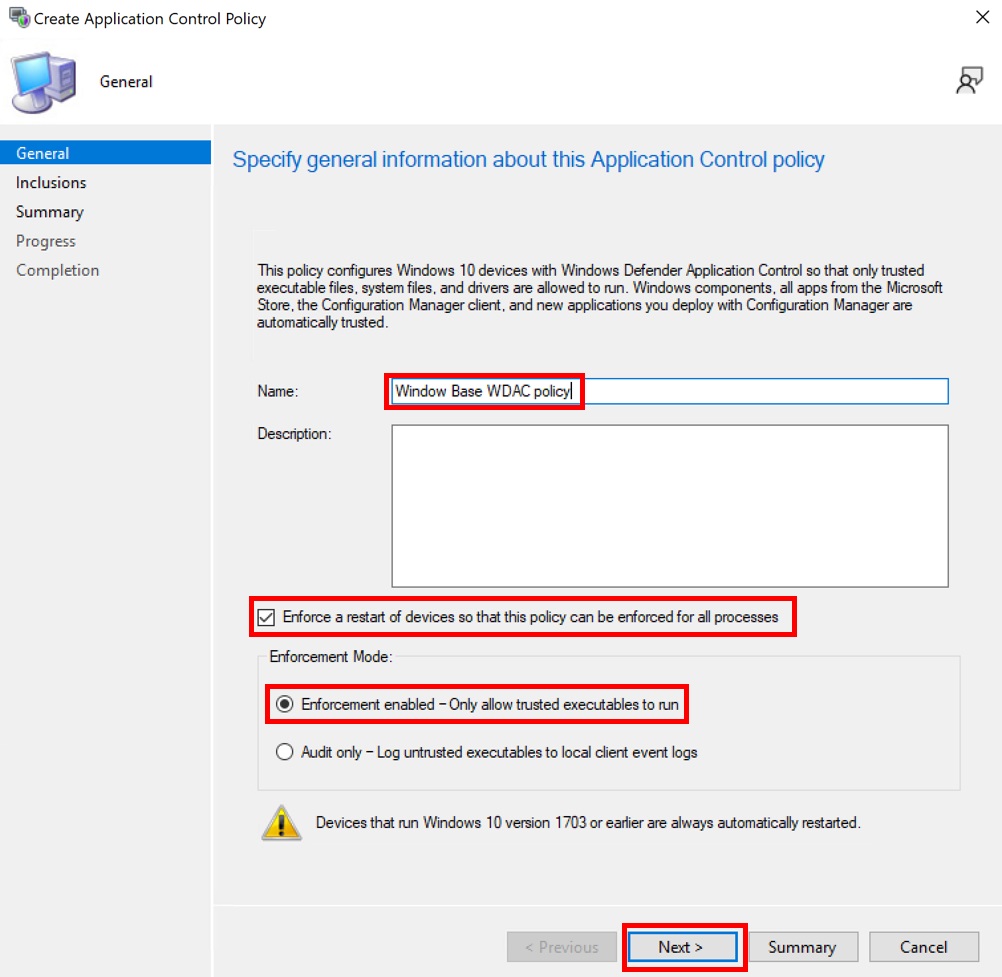 Erstellen Sie eine erzwungene App Control-Richtlinie in Configuration Manager.