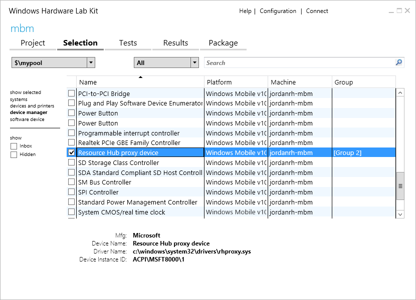 Screenshot des Windows Hardware Lab Kit mit ausgewählter Option 