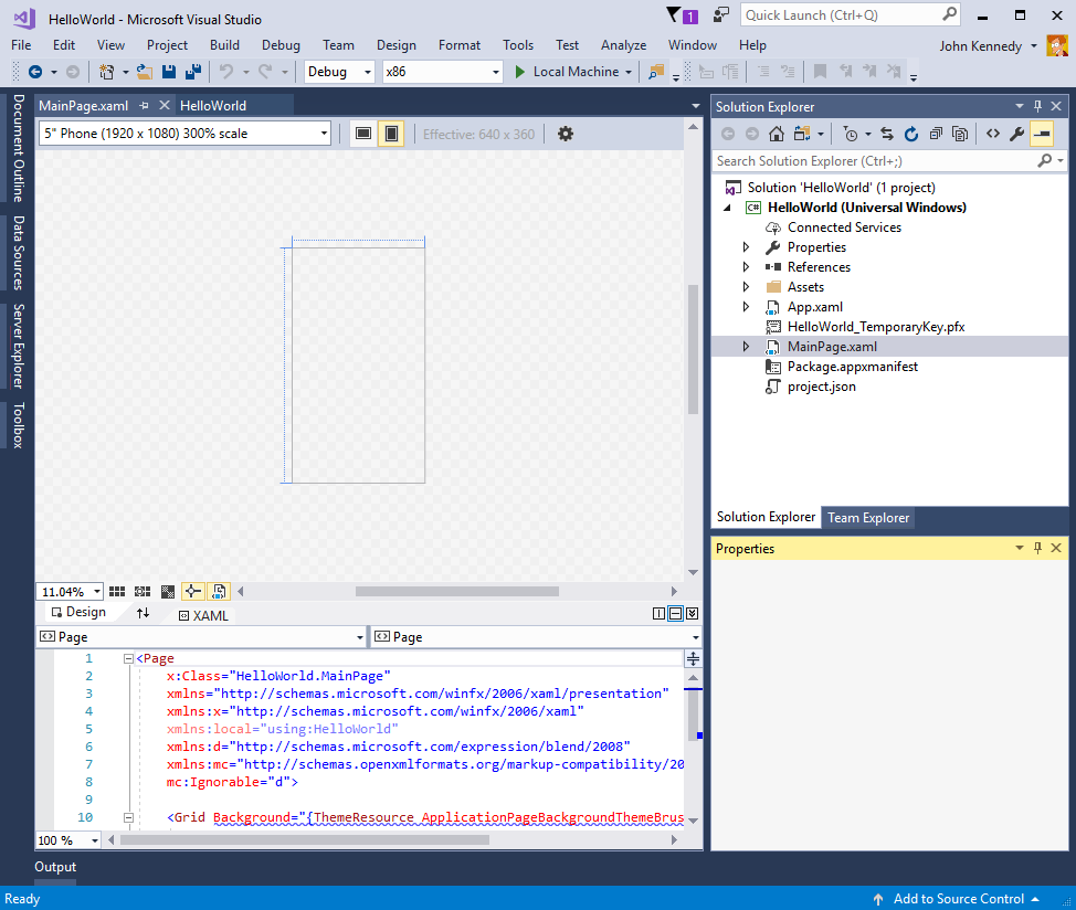 Screenshot von Visual Studio mit der „Main Page X A M L“-Designansicht.