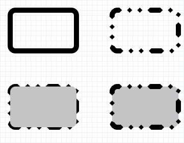 Abbildung von vier abgerundeten Rechtecken mit unterschiedlichen Stricharten und Füllungen
