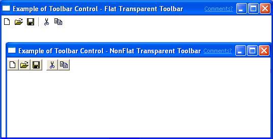 Screenshot von zwei Fenstern mit unterschiedlichen Stilen von Symbolleisten, aber beide Symbolleisten sind transparent