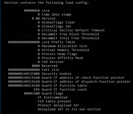 Ausgabe von dumpbin /loadconfig