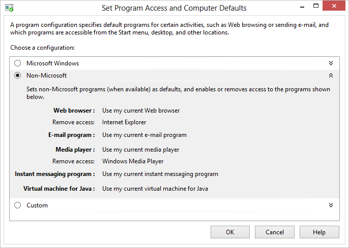 Screenshot des Festlegen des Programmzugriffs und der Standardoptionen, die nicht von Microsoft sind