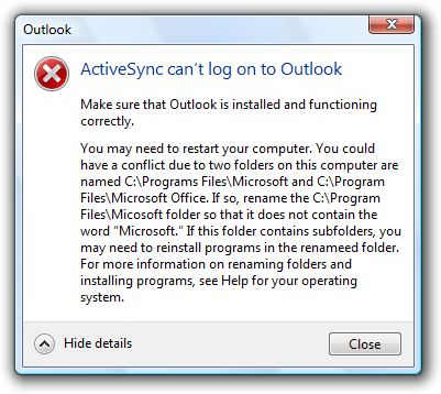 Screenshot der Meldung: activesync kann sich nicht anmelden 