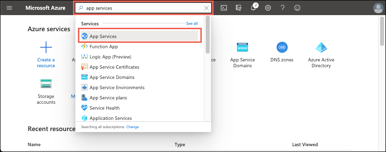 Screenshot of the Azure portal - Select App Services option.