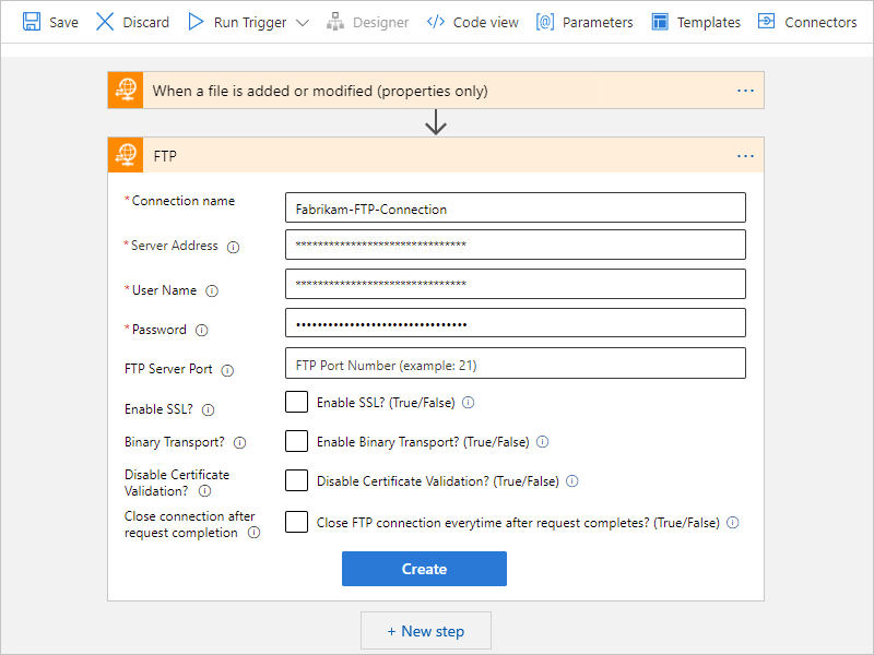 Screenshot shows Consumption workflow designer and FTP connection profile for an action.