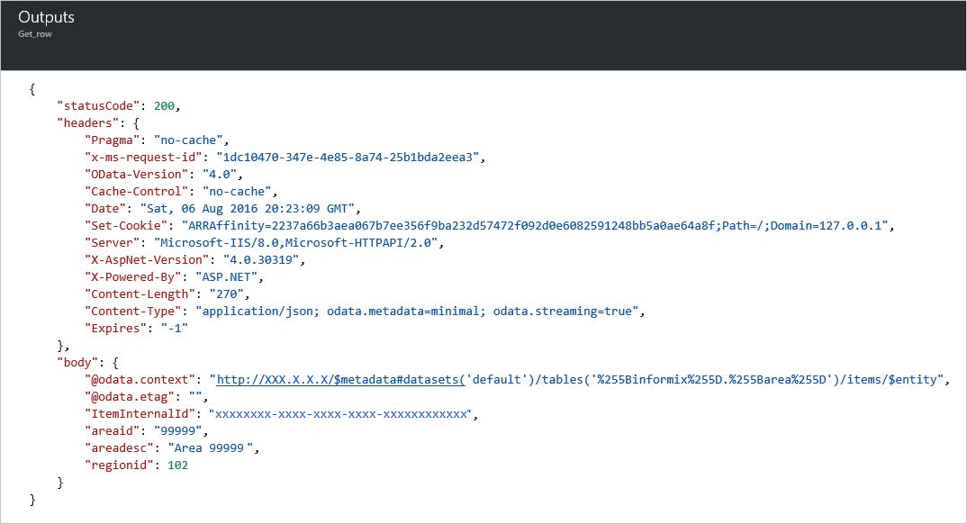 Outputs from "Get row" action