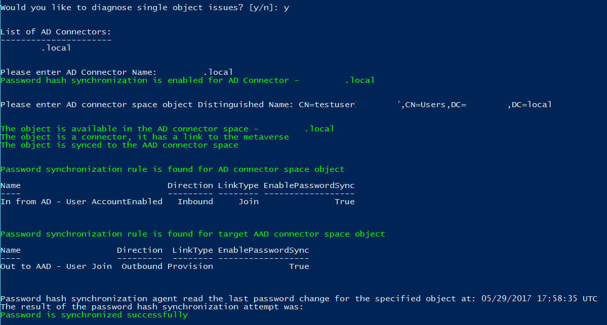 Diagnostic output for password hash synchronization - single object