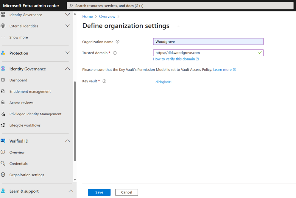 Screenshot that shows how to set up Verifiable Credentials first step.