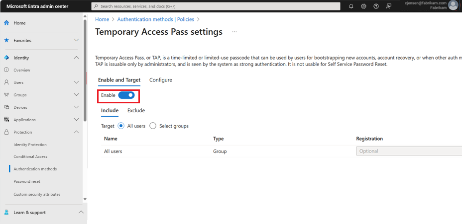 Screenshot of how to enable Temporary Access Pass in the Authentication methods policy.