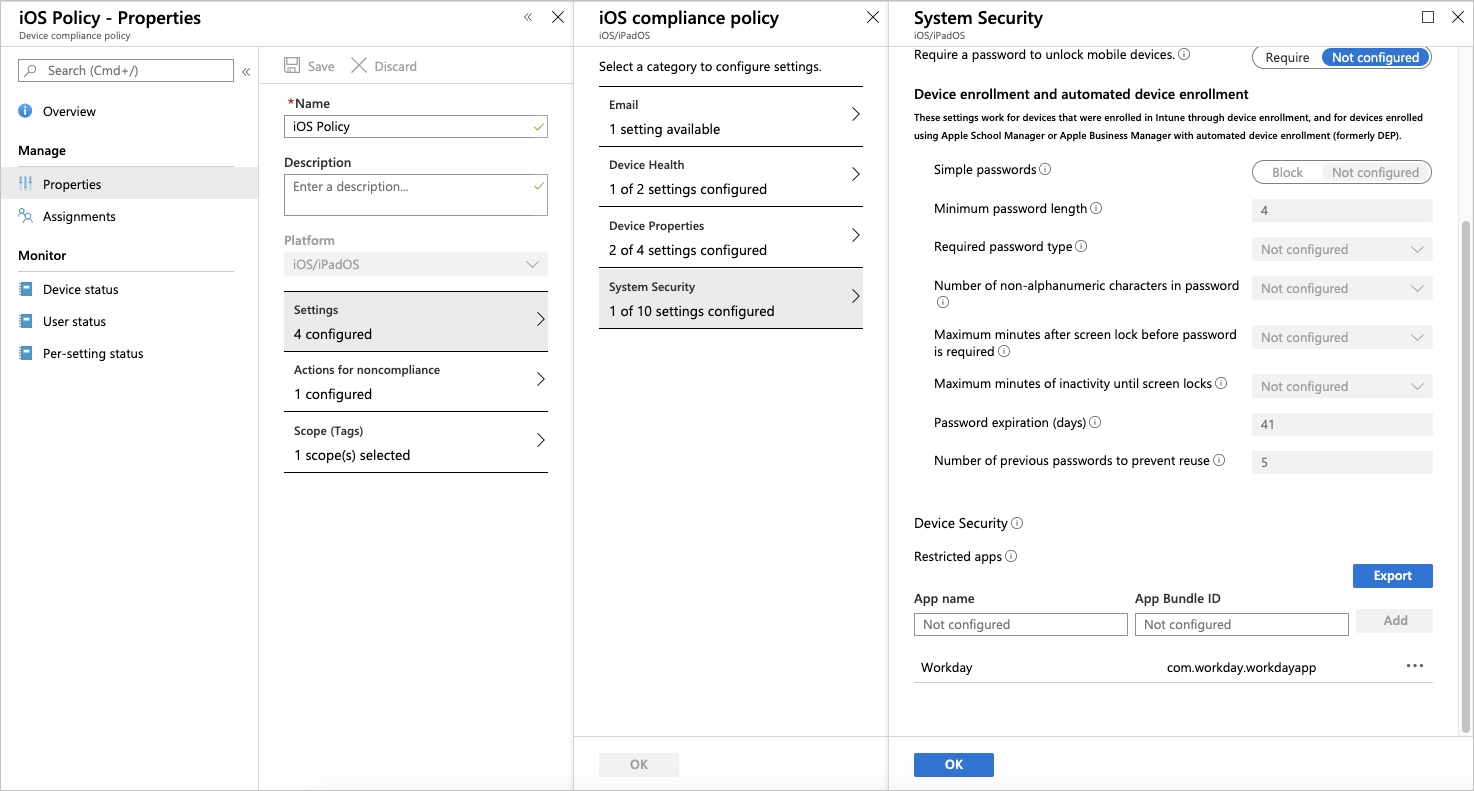 Screenshot of iOS device compliance policy.