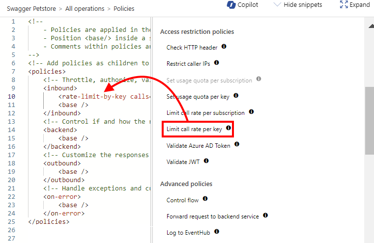 Screenshot of inserting limit call rate per key policy in the portal.