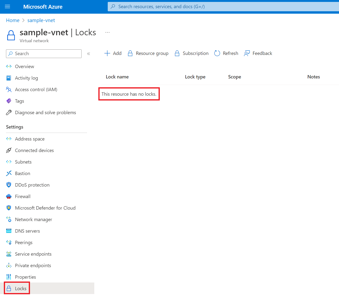 Screenshot that shows where to find and remove virtual network locks.