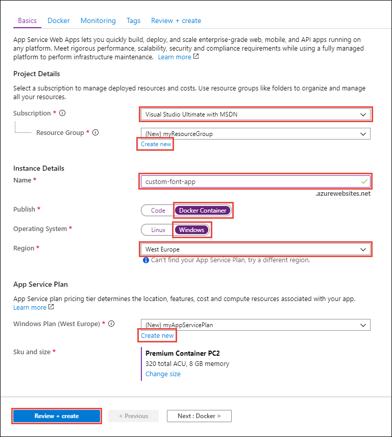 Screenshot of the Basics tab that's used to configure the web app.