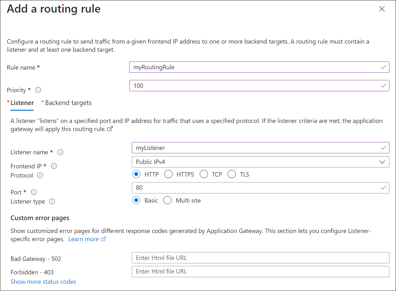 Create new application gateway: listener