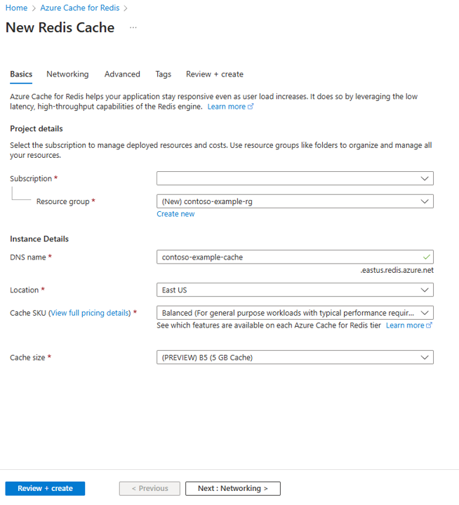 Screenshot showing the Azure Managed Redis Basics tab.