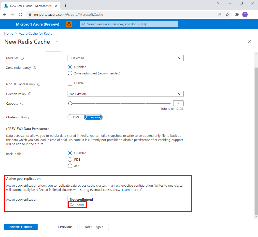 Screenshot of advanced tab of create new Redis cache page.