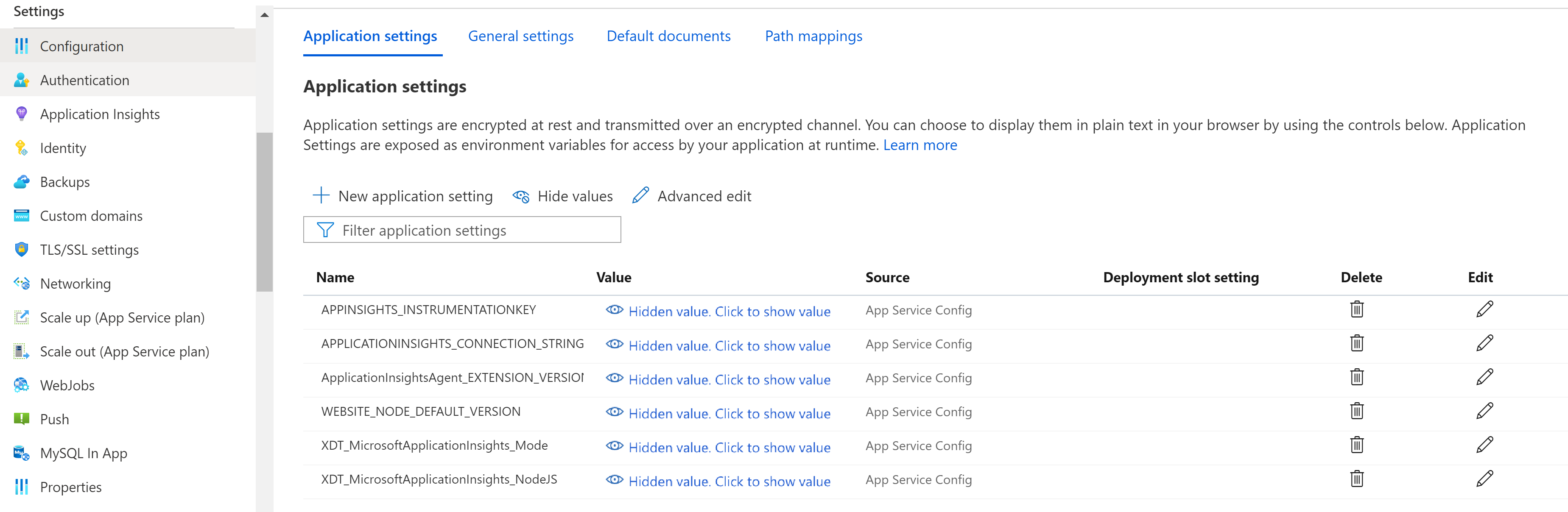 Screenshot of App Service Application Settings with available Application Insights settings.