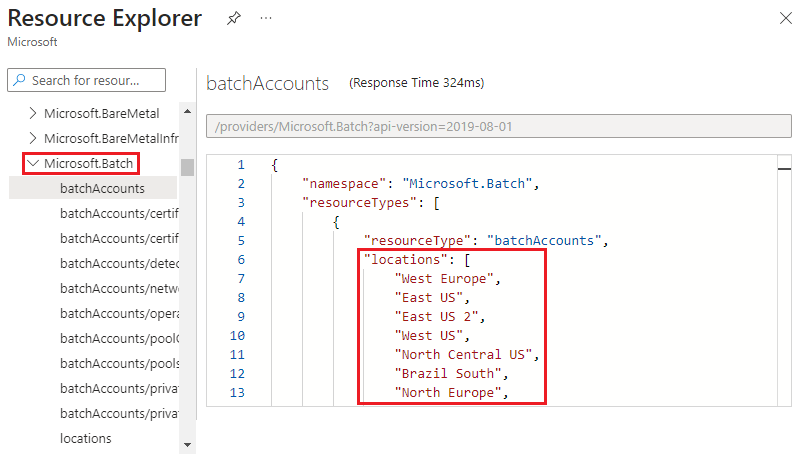 Screenshot of displaying valid locations for a resource type in the Azure Resource Explorer.