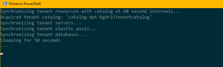 Screenshot that shows the new PowerShell session that is opened to sync the configuration of tenant resources.