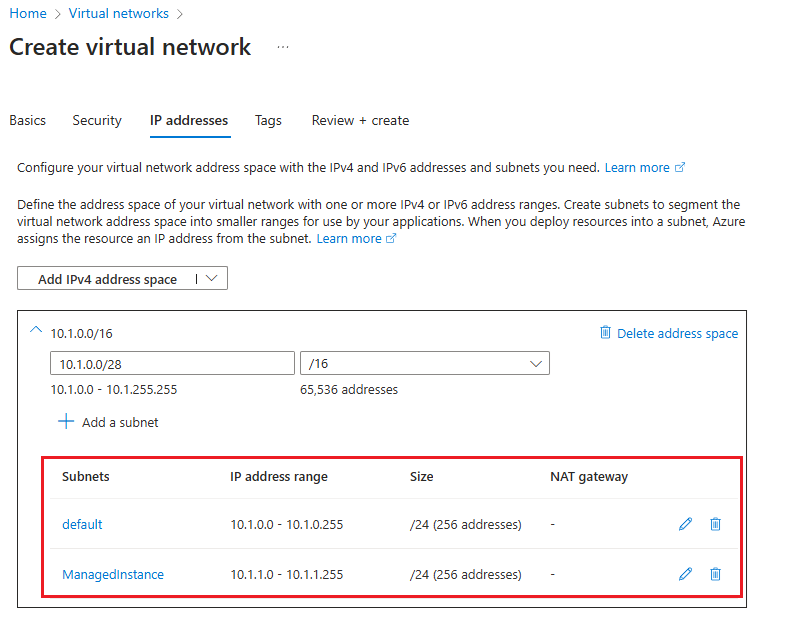 Screenshot of the address space for a new virtual network in the Azure portal.