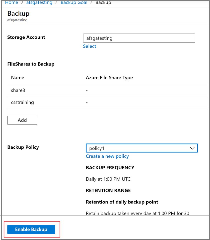 Screenshot shows how to enable backup.