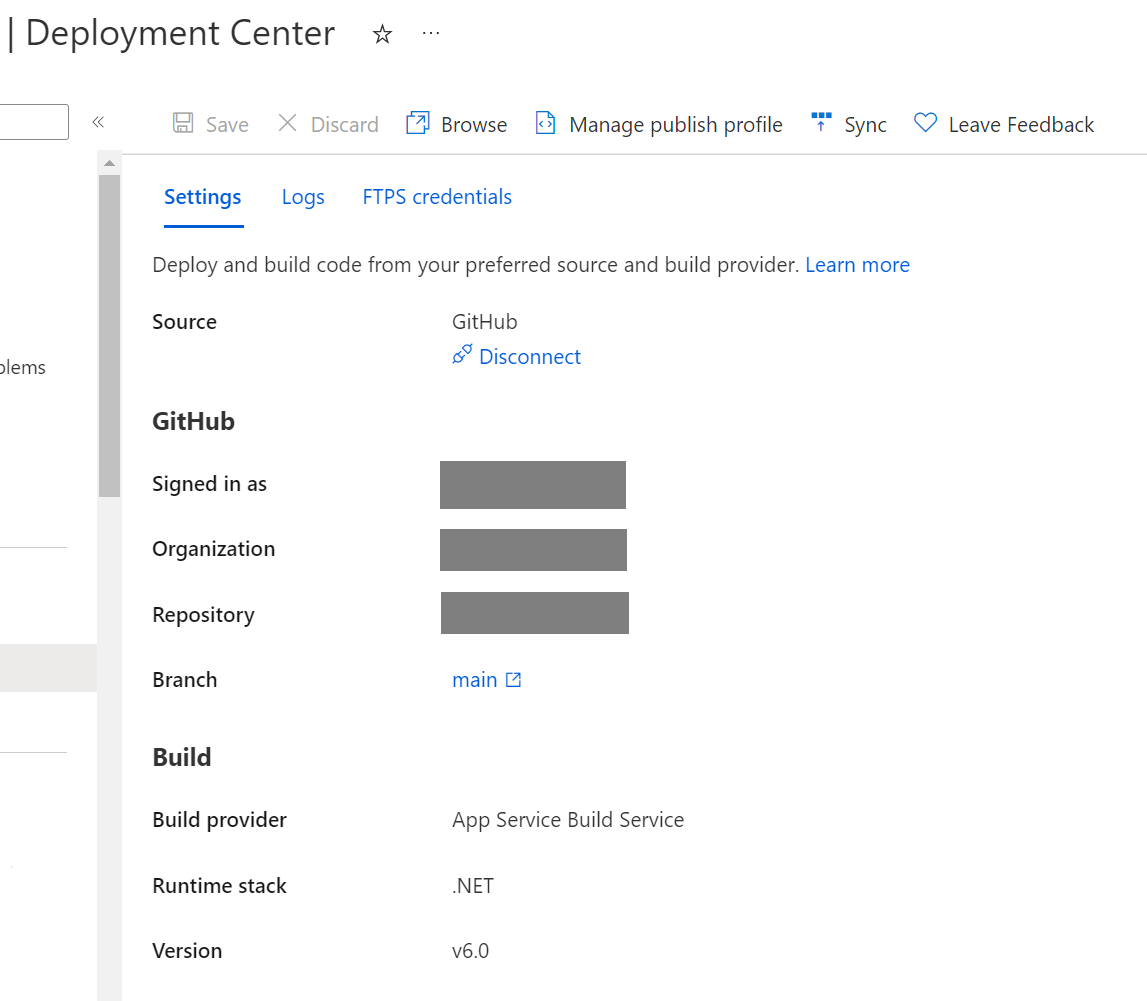 Screenshot of the Deployment Center blade, with the source and build provider configured.