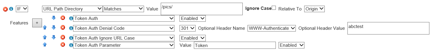 Screenshot of the content delivery network rules engine token authentication settings example.