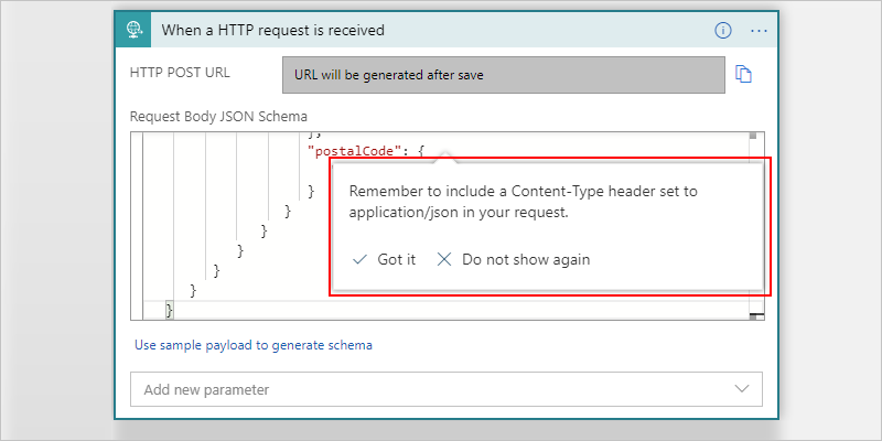 Screenshot showing Consumption workflow, Request trigger, and reminder to include "Content-Type" header.