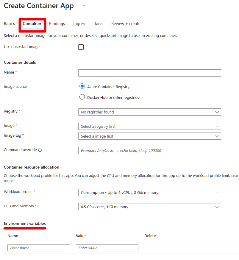 Screenshot of Container App creation page.