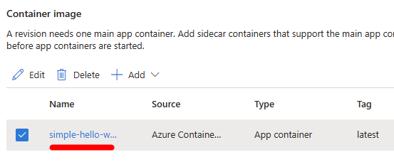 Screenshot of Container App Revision container image settings page.