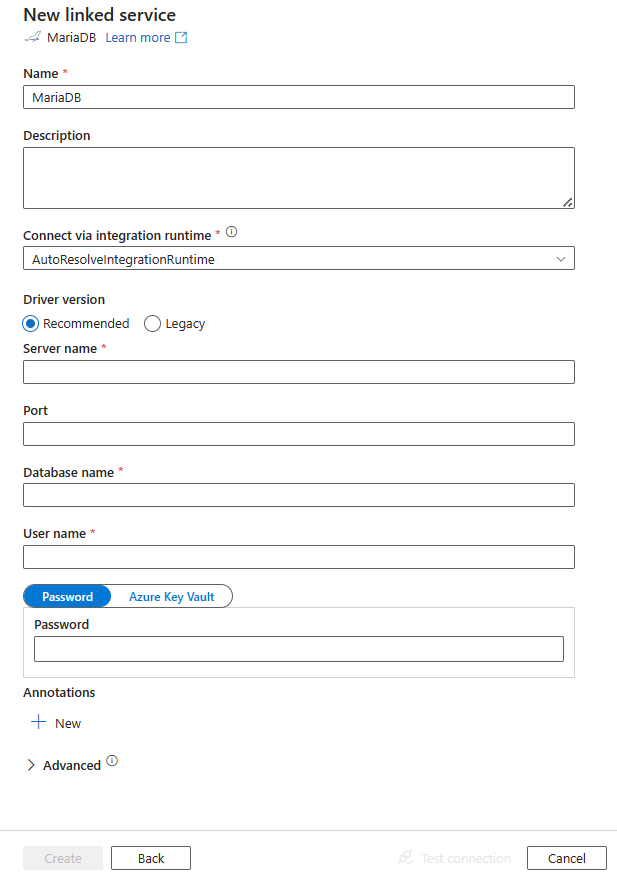 Screenshot of linked service configuration for MariaDB.