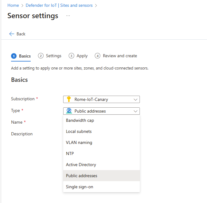 The screenshot shows the sensor settings page with the type dropdown list options.