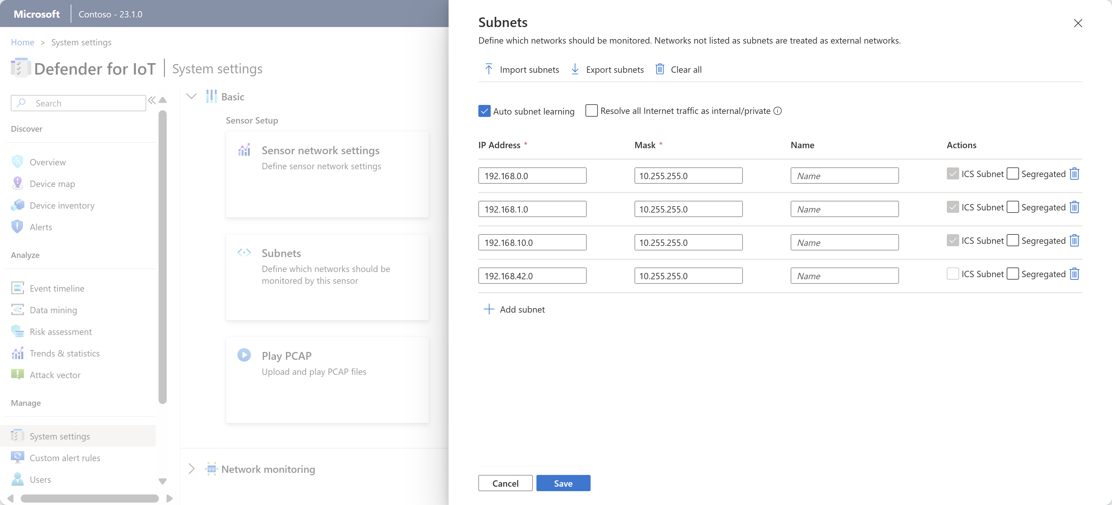 Screenshot of the Subnets page in the OT sensor settings.