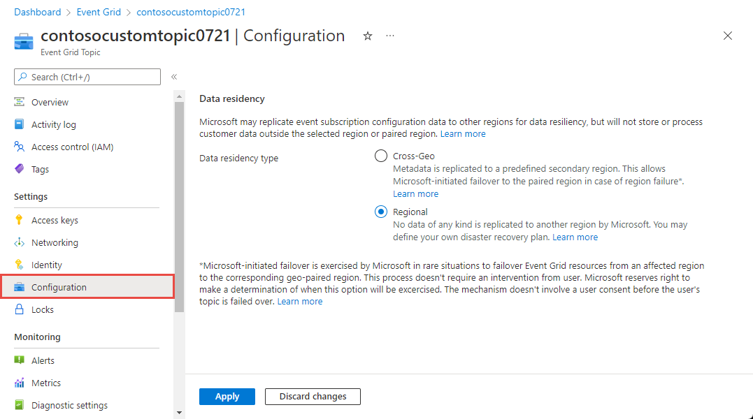 Screenshot showing the Configuration page with data residency settings.