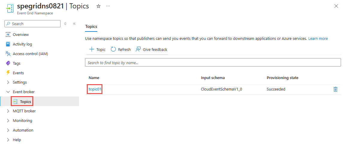 Screenshot showing Event Grid namespace topic search.