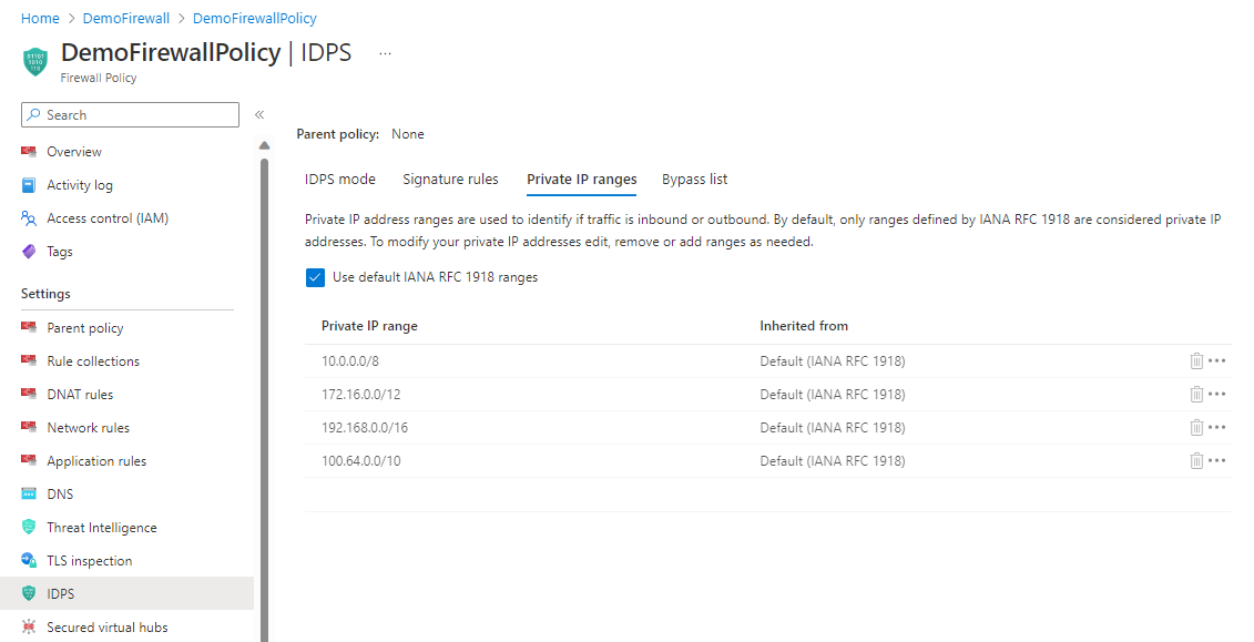 Screenshot showing IDPS private IP address ranges.