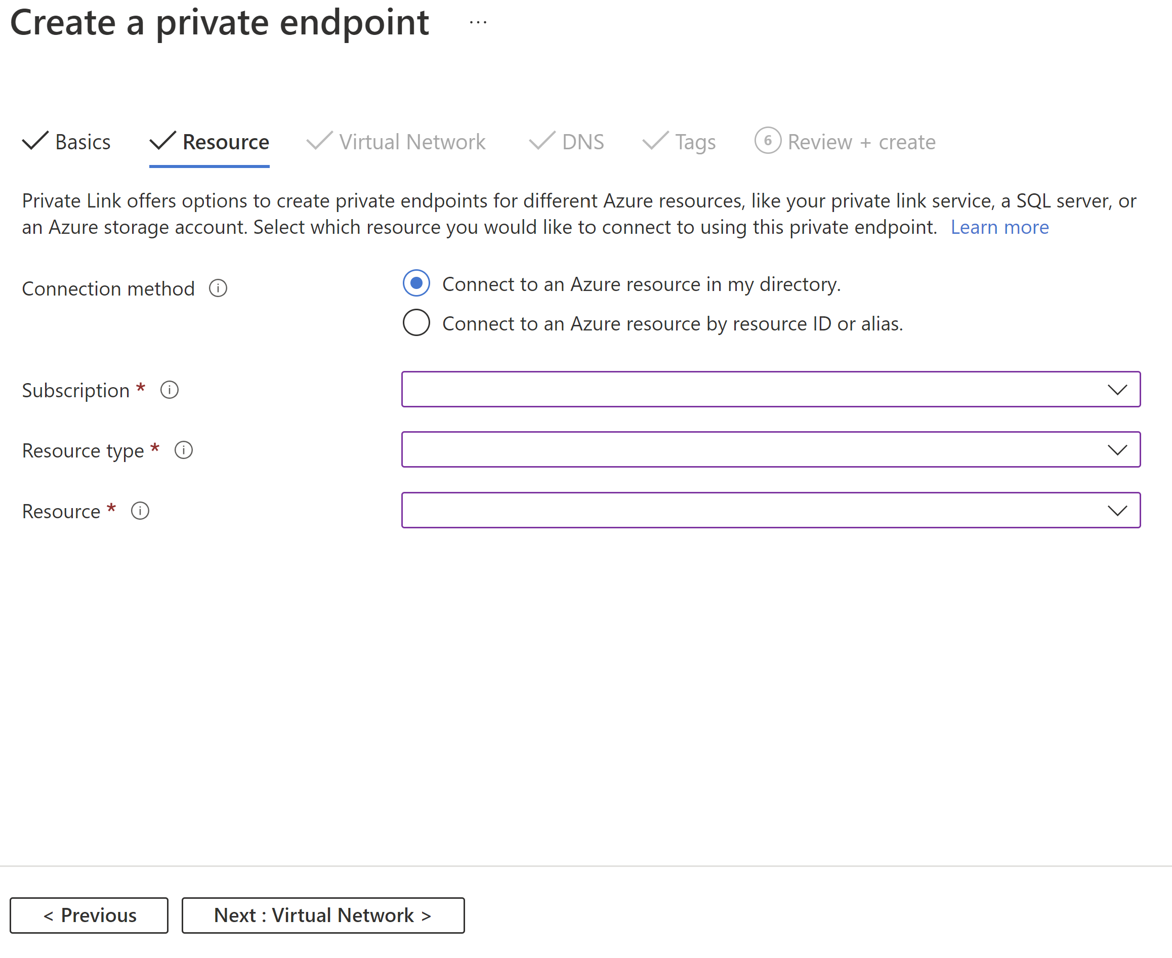 Diagram of the Private Link resource tab.