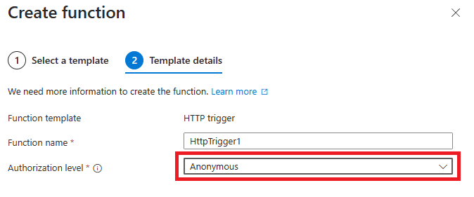 Screenshot that shows setting the authorization level as anonymous.