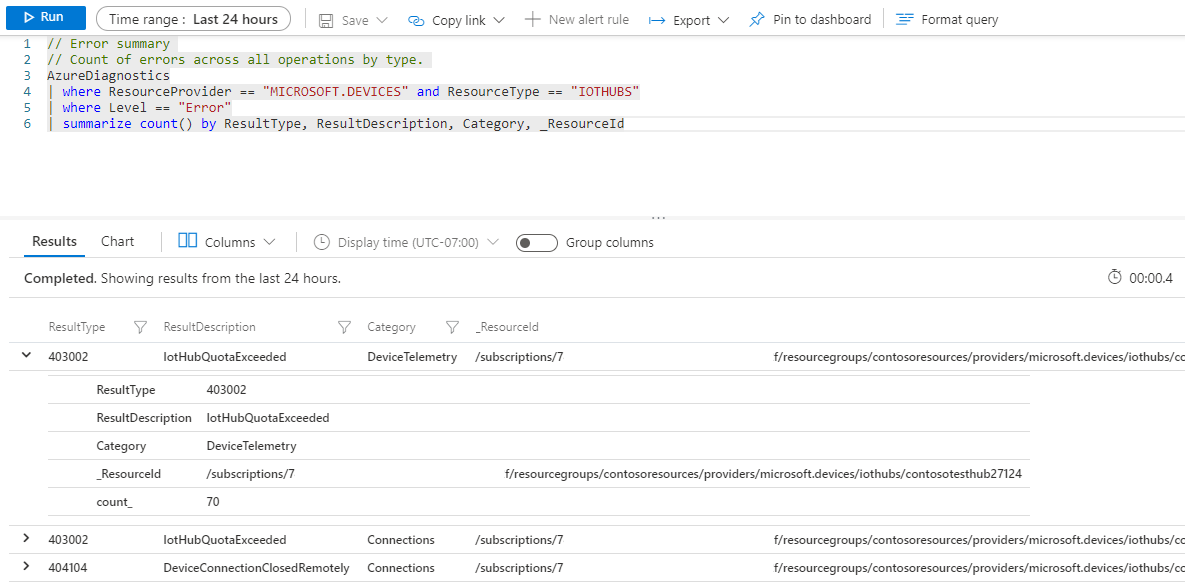 Screenshot of the logs returned by the Errors summary query.