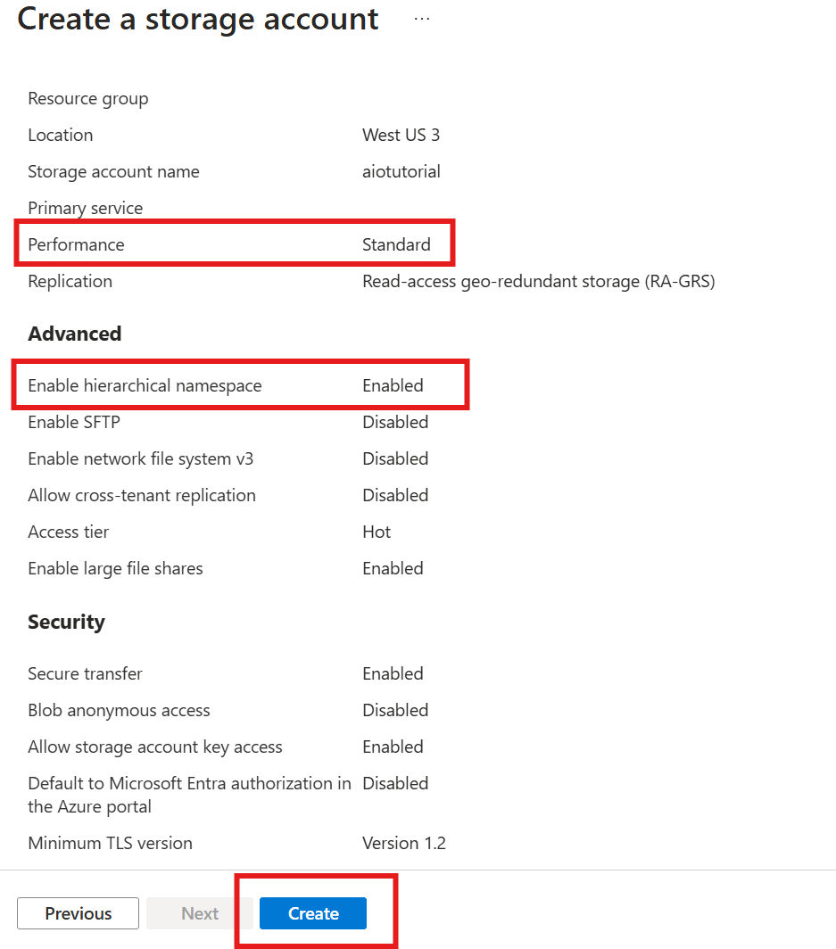 Screenshot showing the review page for creating the storage account with hierarchical namespace enabled.