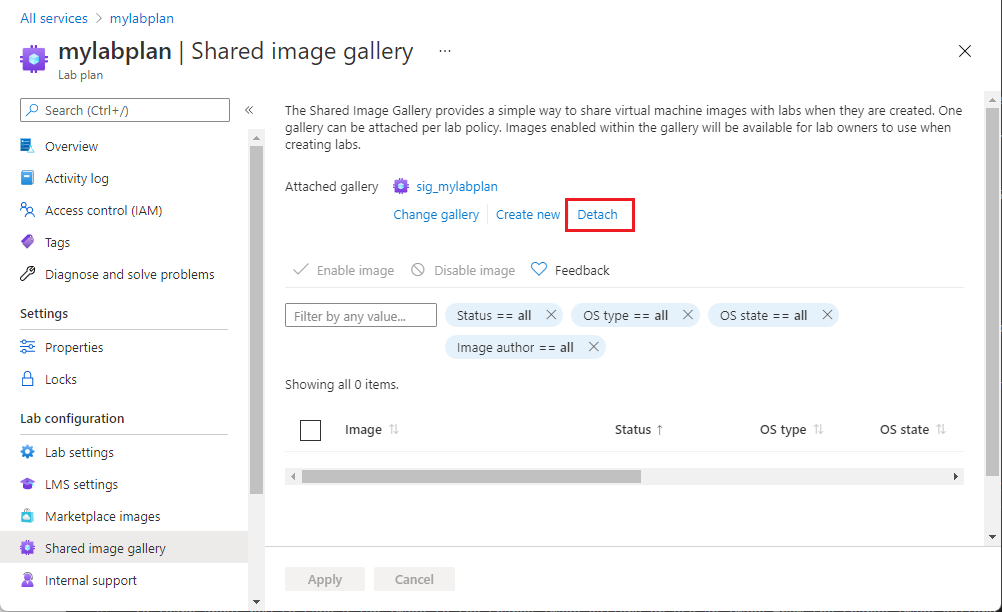Detach the shared image gallery from the lab account