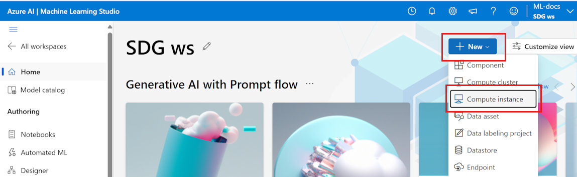Screenshot shows create compute in the New list.