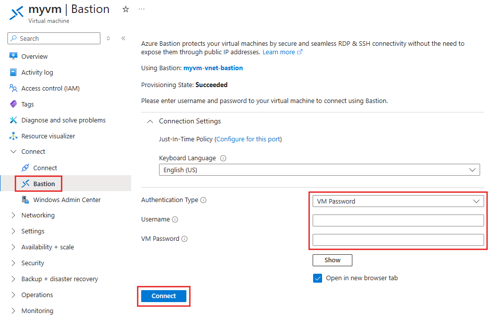 Screenshot of the Bastion connect form.