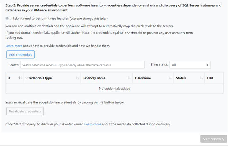 Screenshot that shows providing credentials for software inventory, dependency analysis, and s q l server discovery.