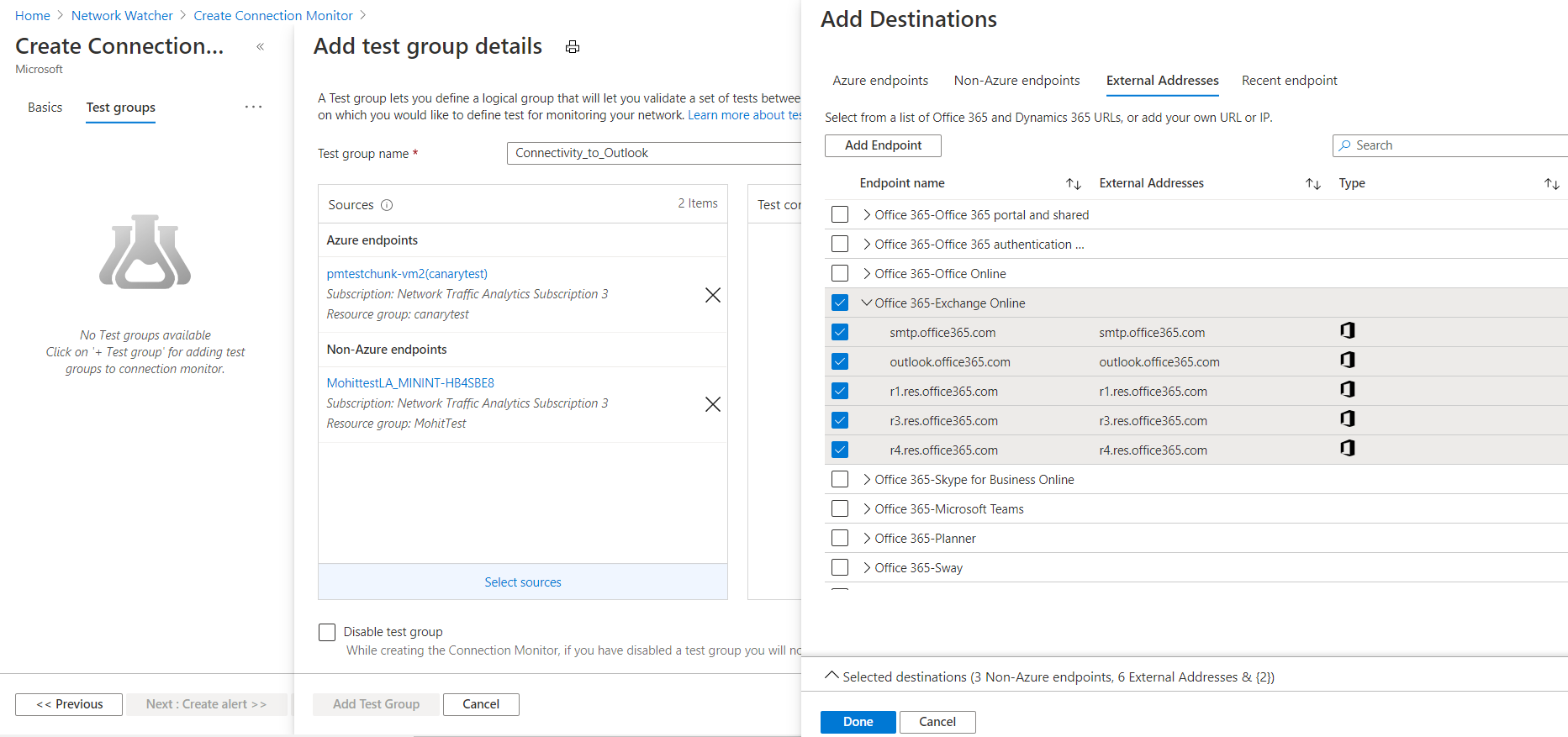 Screenshot that shows where to add public endpoints as destinations in Connection Monitor.